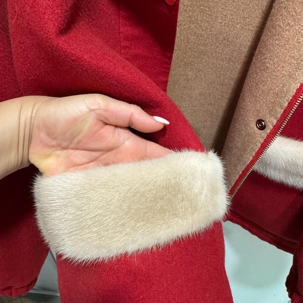 Women's Red Wool Jacket with Real Mink Fur Trim - Picture 2 of 5